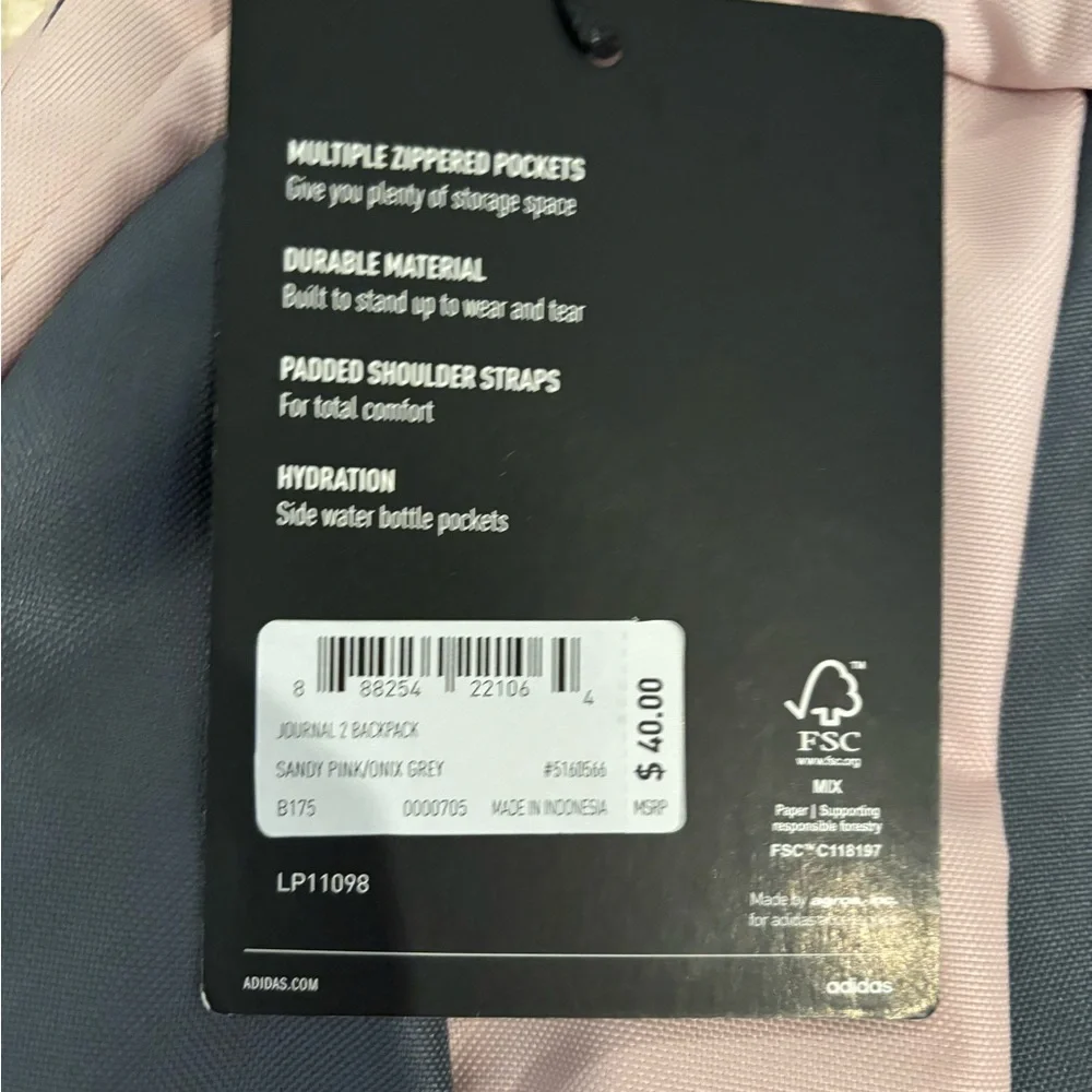 NWT Adidas Journal 2 Backpack 17' Sandy Pink and Onix Grey - Picture 2 of 6